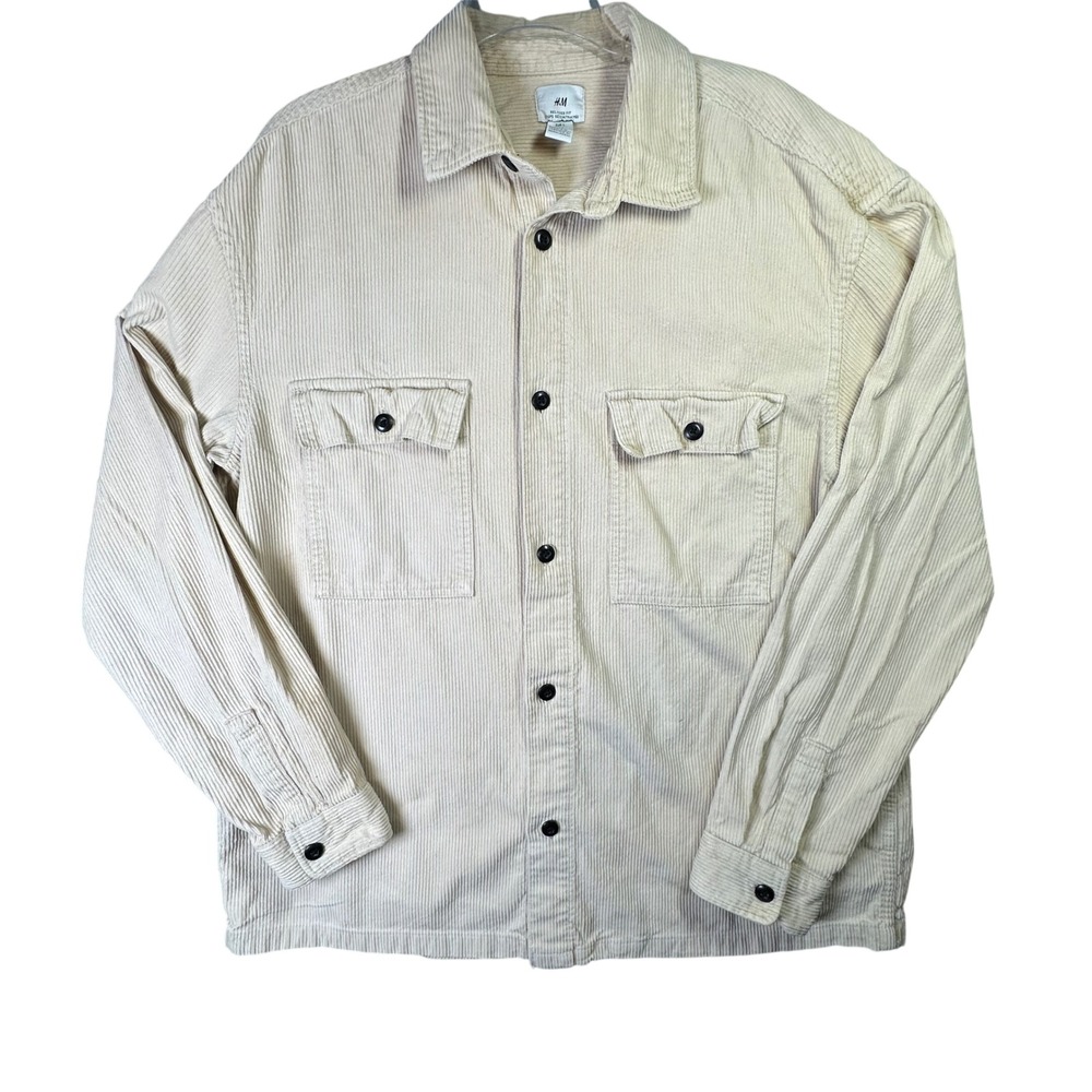 H&M Corduroy Shirt Relaxed Fit Button Up Shacket Utility Cream Beige Large